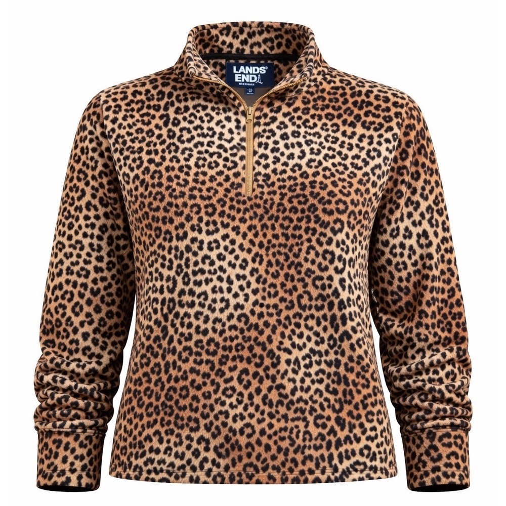 Lands End Leopard Print Fleece Pullover Sweatshirt Womens XL 18 zip preppy brown